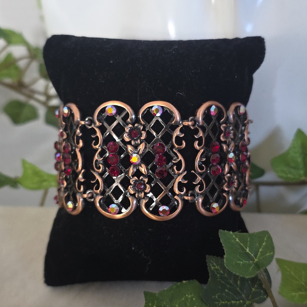 Vintage Gothic Copper Filigree Panel Bracelet Red Rhinestones & AB Crystals